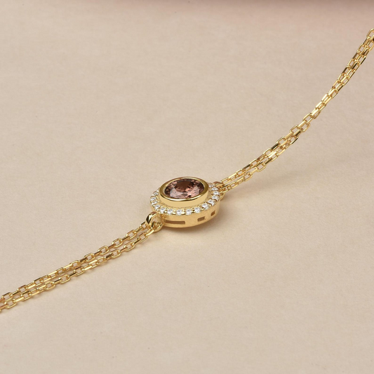 Smoky Quartz Round Bezel Bracelet in 8K/10K/14K Solid Gold with Real Diamonds, Handmade Jewelry