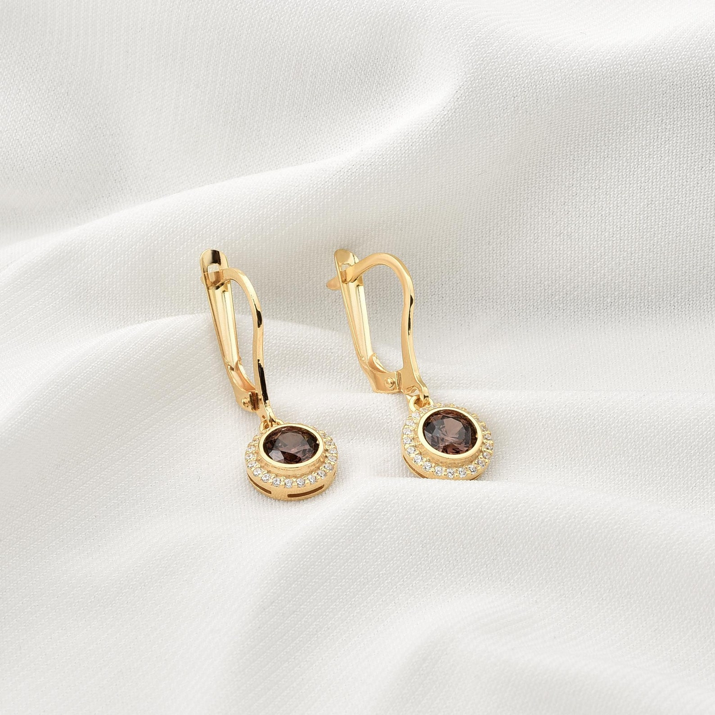 Smoky Quartz Round Bezel Dangle Earrings in 8K/10K/14K Solid Gold with Real Diamonds, Handmade Jewelry