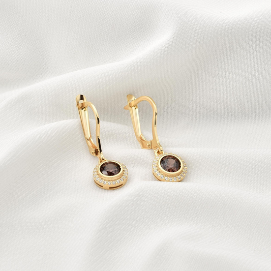 Smoky Quartz Round Bezel Dangle Earrings in 8K/10K/14K Solid Gold with Real Diamonds, Handmade Jewelry