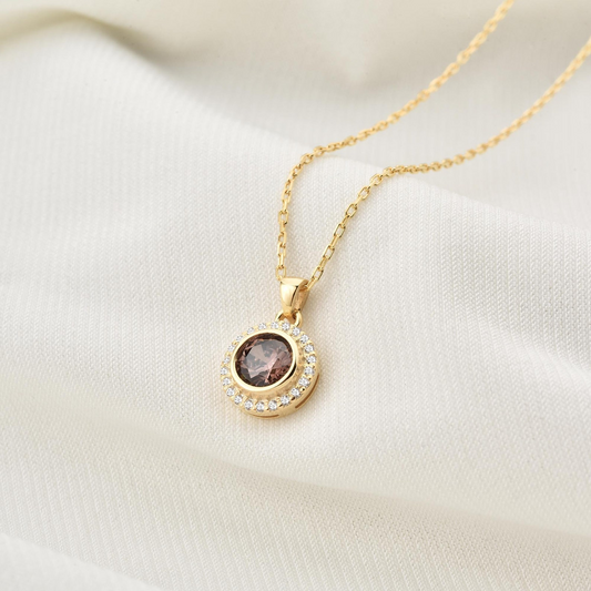 Smoky Quartz Round Bezel Necklace in 8K/10K/14K Solid Gold with Real Diamonds, Handmade Jewelry