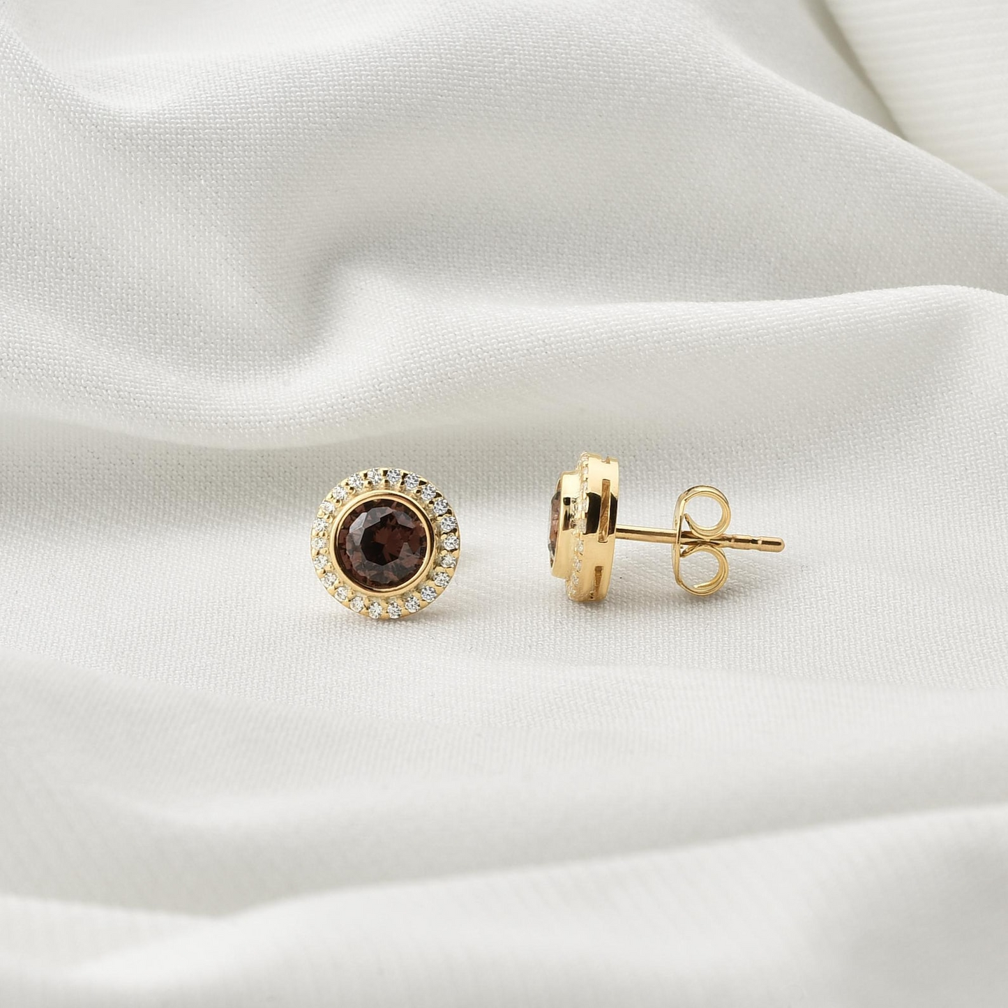 Smoky Quartz Round Bezel Stud Earrings in 8K/10K/14K Solid Gold with Real Diamonds, Handmade Jewelry