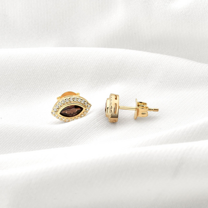 Smoky Quartz Bezel Marquise Stud Earrings with Real Diamonds in 8K/10K/14K Solid Gold | Handmade Jewelry
