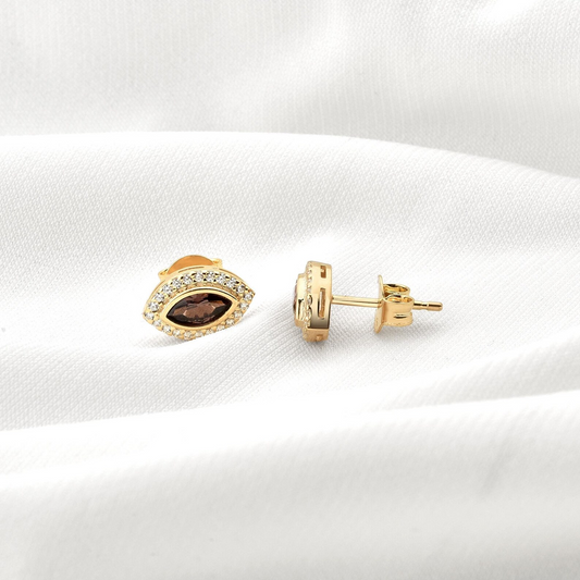 Smoky Quartz Bezel Marquise Stud Earrings with Real Diamonds in 8K/10K/14K Solid Gold | Handmade Jewelry