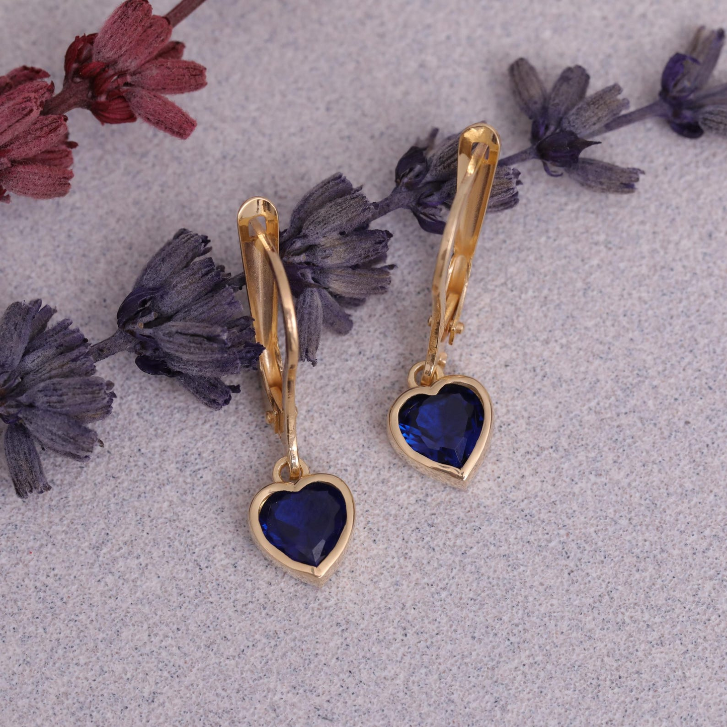 Sapphire Heart Cut Bezel Dangle Earrings 14K Solid Gold, September Birthstone Jewelry