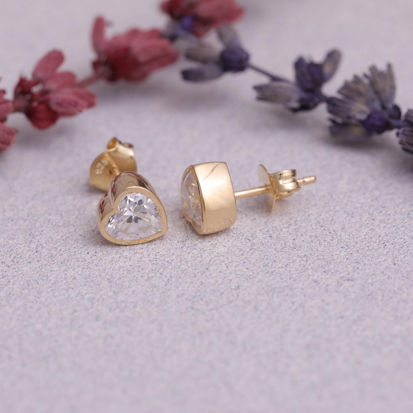White Topaz Heart Bezel Cut Stud Earrings 10K/14K Solid Gold, April Birthstone Jewelry