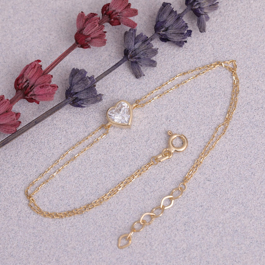 Heart White Topaz Bezel Bracelet in 10K/14K Solid Gold | April Birthstone