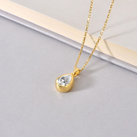 White Topaz Bezel Drop Necklace 10K/14K Solid Gold, April Birthstone Jewelry