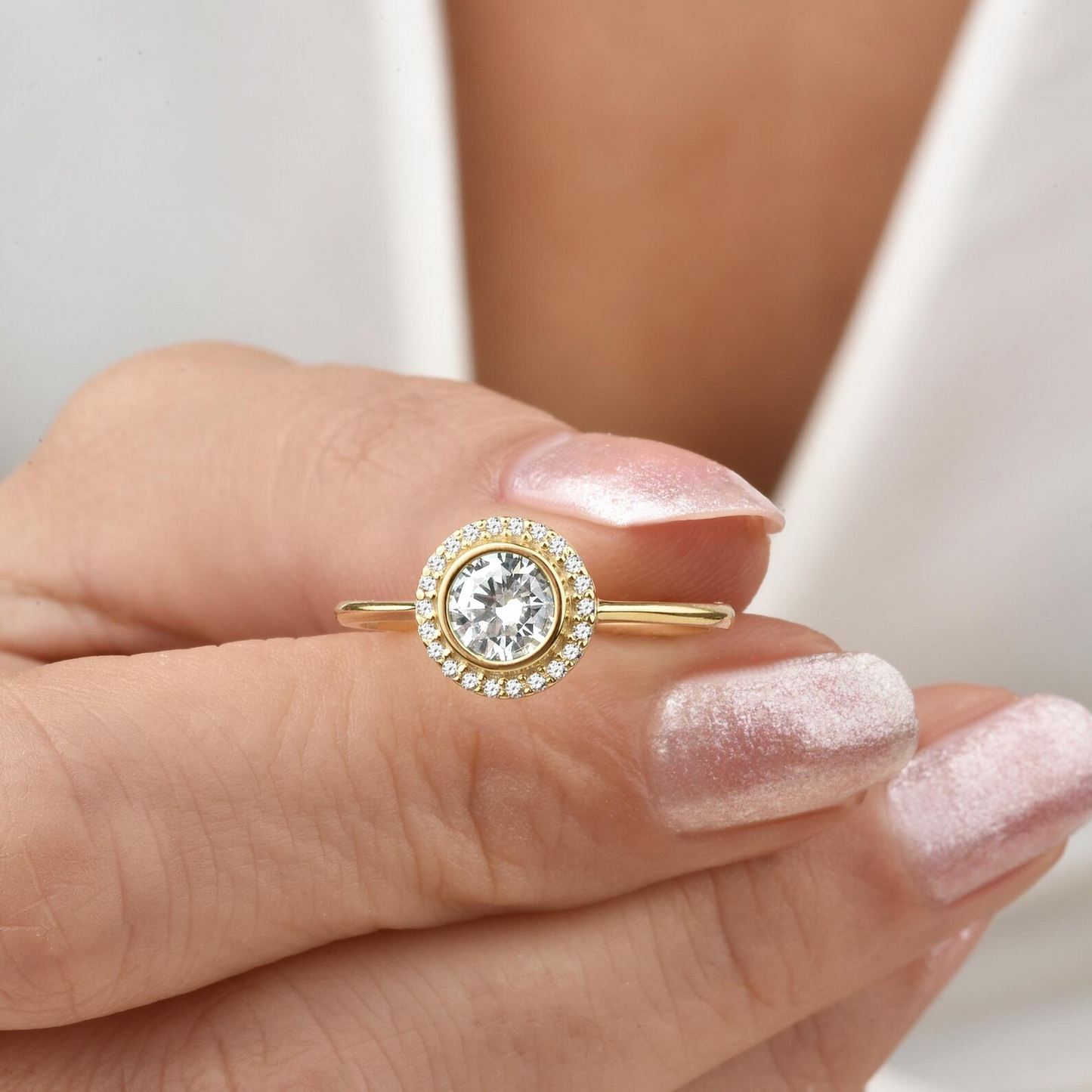 White Topaz Round Bezel Ring in 8K/10K/14K Solid Gold with Real Diamonds, April Birthstone Jewelry