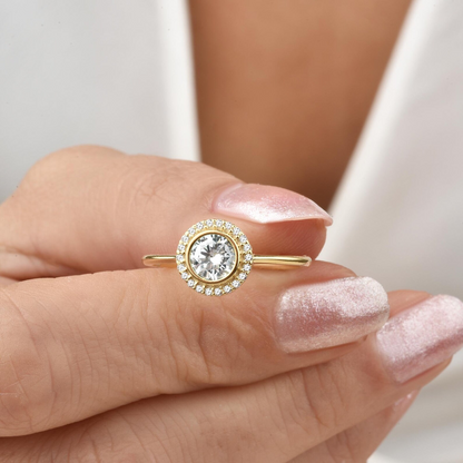 White Topaz Round Bezel Ring in 8K/10K/14K Solid Gold with Real Diamonds, April Birthstone Jewelry