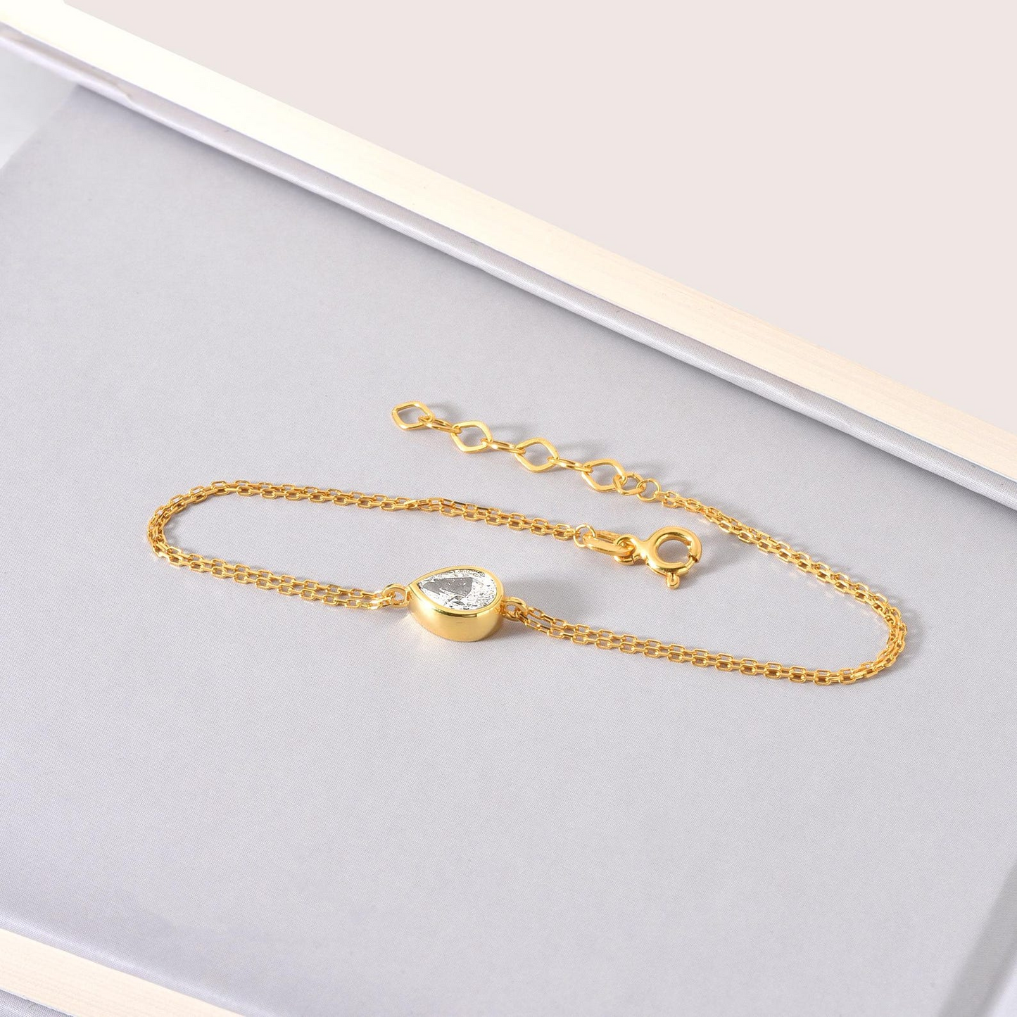 White Topaz Drop Bezel Bracelet in 10K/14K Solid Gold, Birthstone Jewelry