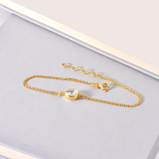 White Topaz Drop Bezel Bracelet in 10K/14K Solid Gold, Birthstone Jewelry