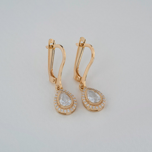 White Topaz Bezel Drop Dangle Earrings with Real Diamonds in 8K/10K/14K Solid Gold | April Birthstone Jewelry
