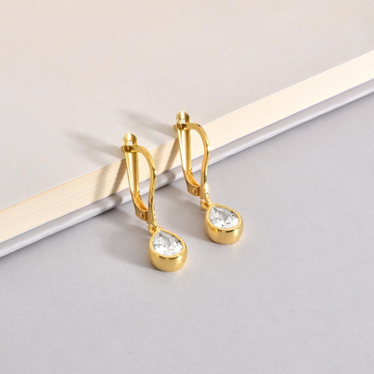 White Topaz Bezel Dangle Drop Earrings in 8K/10K/14K Solid Gold, April Birthstone Jewelry