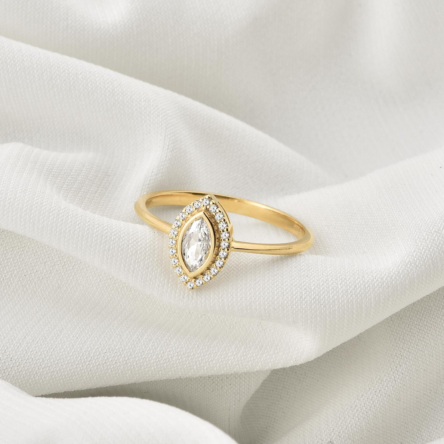 White Topaz Bezel Marquise Ring with Real Diamonds in 8K/10K/14K Solid Gold | April Birthstone Jewelry