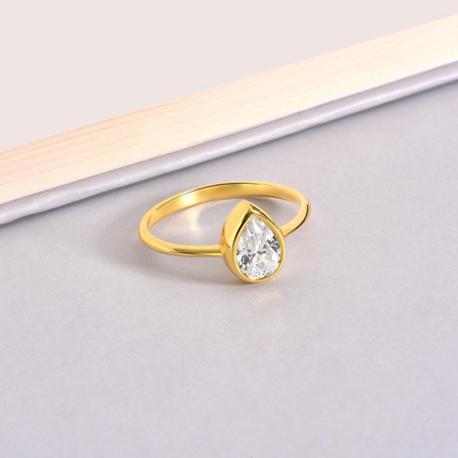White Topaz Drop Bezel Ring 8K/10K/14K Solid Gold, April Birthstone Jewelry