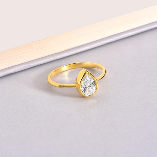 White Topaz Drop Bezel Ring 8K/10K/14K Solid Gold, April Birthstone Jewelry