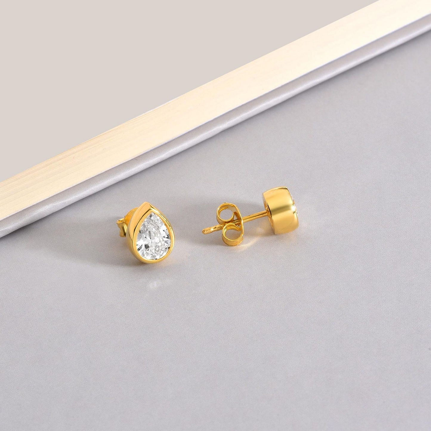 White Topaz Drop Bezel Stud Earrings in 10K/14K Solid Gold, April Birthstone Jewelry