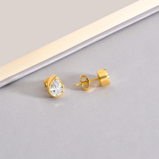 White Topaz Drop Bezel Stud Earrings in 10K/14K Solid Gold, April Birthstone Jewelry