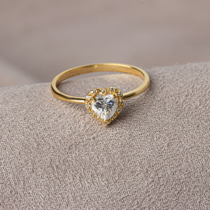 White Topaz Bezel Heart Ring with Real Diamonds Halo in 8K/10K/14K Solid Gold | April Birthstone Jewelry
