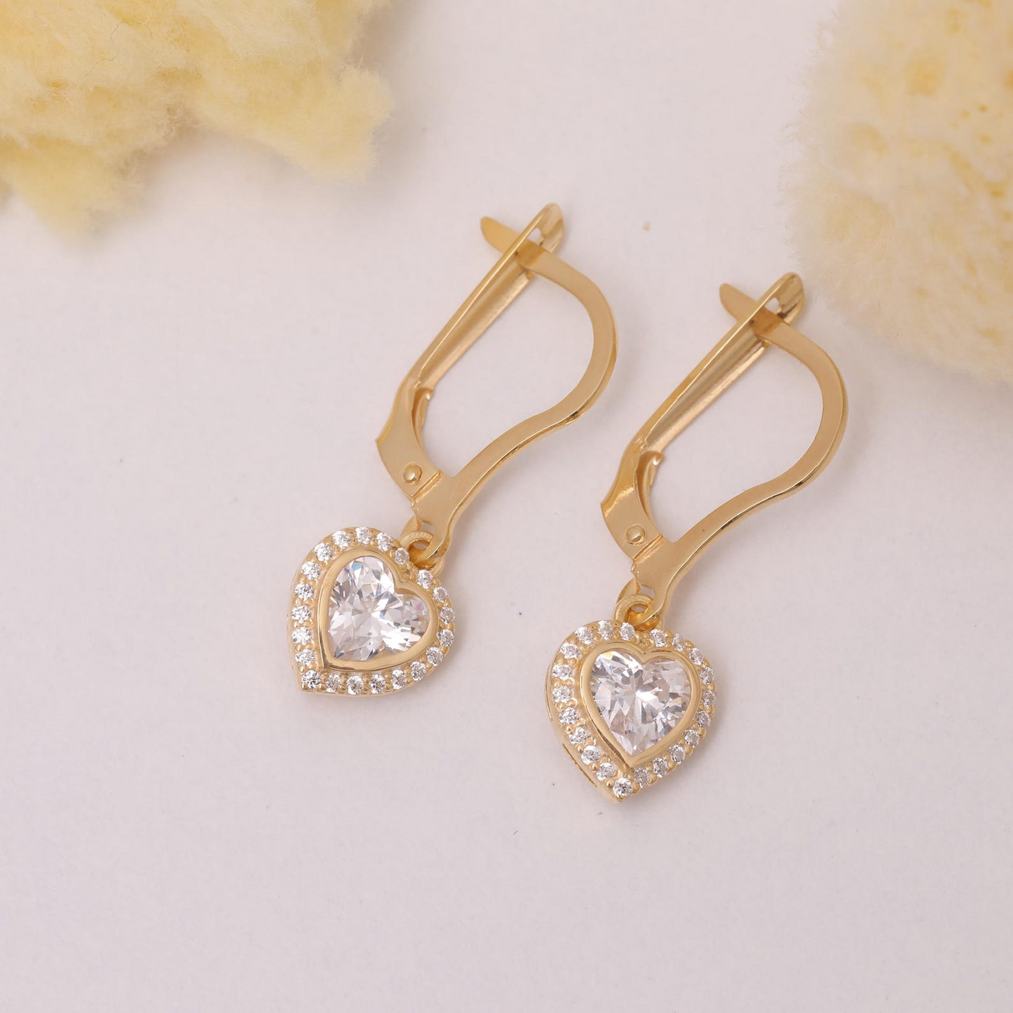 White Topaz Bezel Heart Dangle Earrings with Real Diamonds in 8K/10K/14K Solid Gold | April Birthstone Jewelry