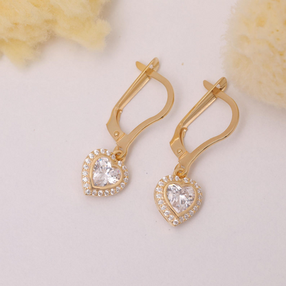 White Topaz Bezel Heart Dangle Earrings with Real Diamonds in 8K/10K/14K Solid Gold | April Birthstone Jewelry