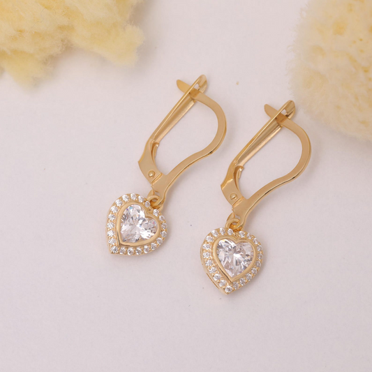 White Topaz Bezel Heart Dangle Earrings with Real Diamonds in 8K/10K/14K Solid Gold | April Birthstone Jewelry
