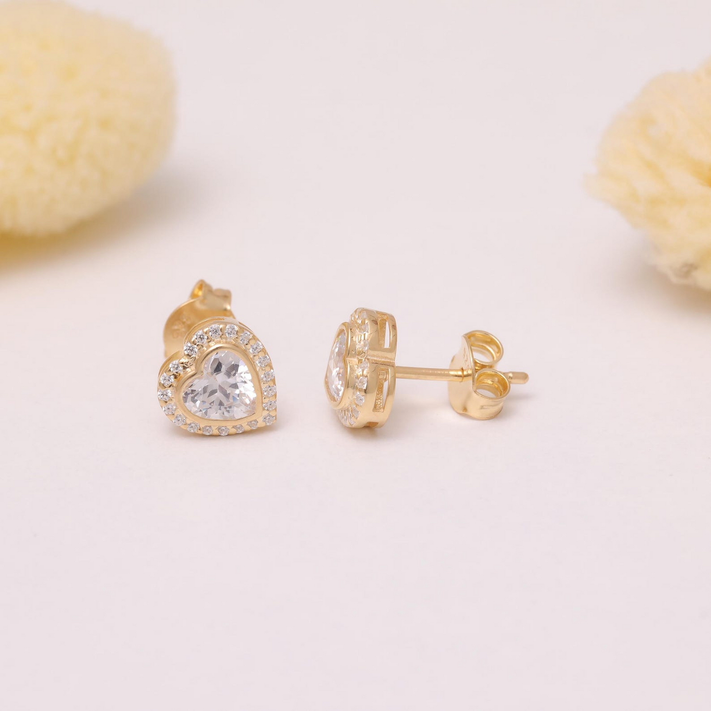 White Topaz Bezel Heart Stud Earrings with Real Diamonds in 10K/14K Solid Gold | April Birthstone Jewelry