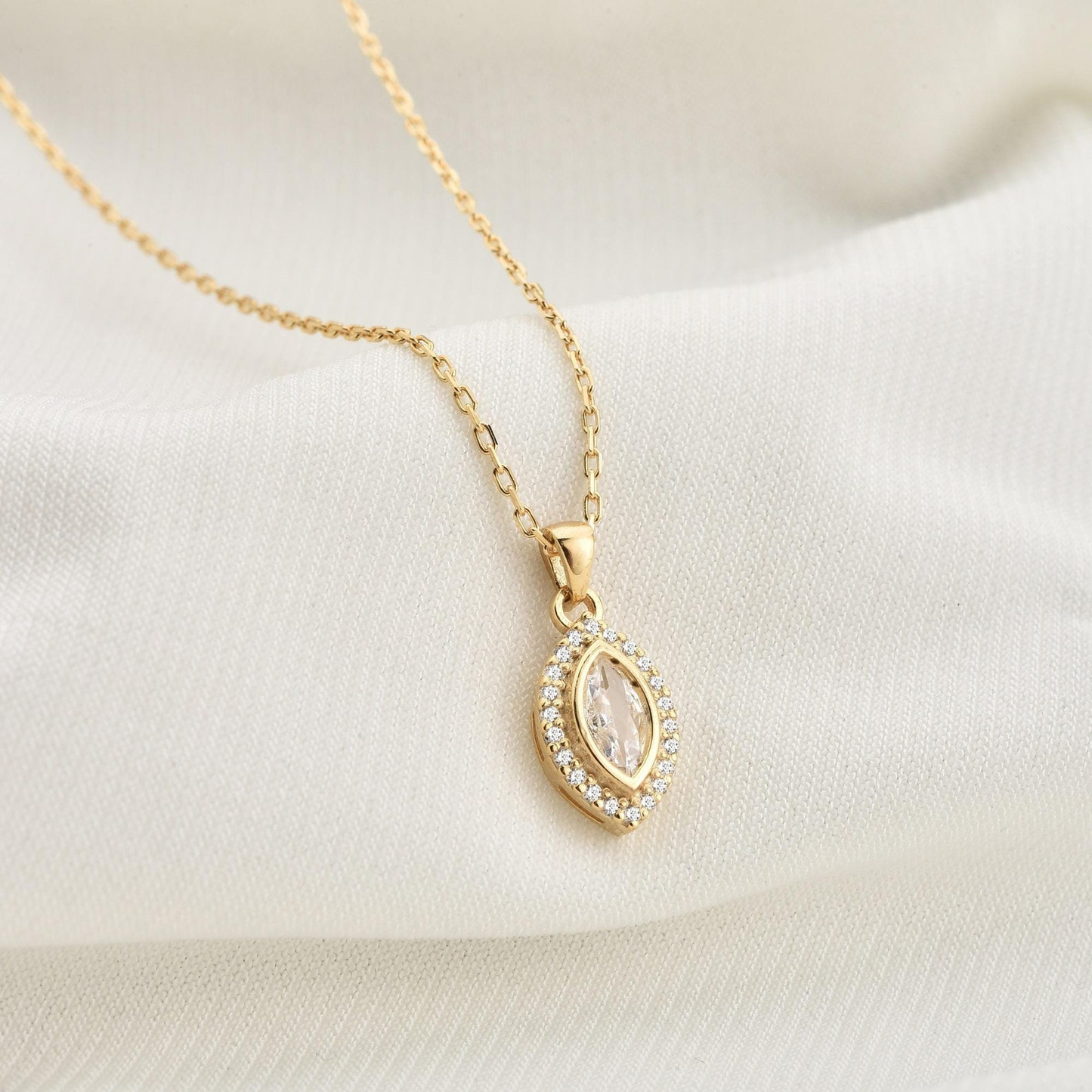 White Topaz Bezel Marquise Necklace with Real Diamonds in 8K/10K/14K Solid Gold | April Birthstone Jewelry