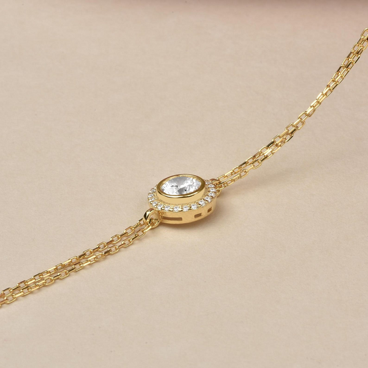 White Topaz Round Bezel Bracelet in 8K/10K/14K Solid Gold with Real Diamonds, April Birthstone Jewelry