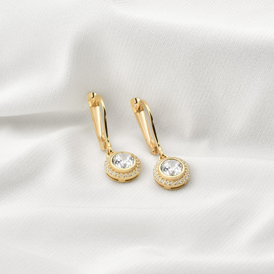 White Topaz Round Bezel Dangle Earrings in 8K/10K/14K Solid Gold with Real Diamonds, April Birthstone Jewelry