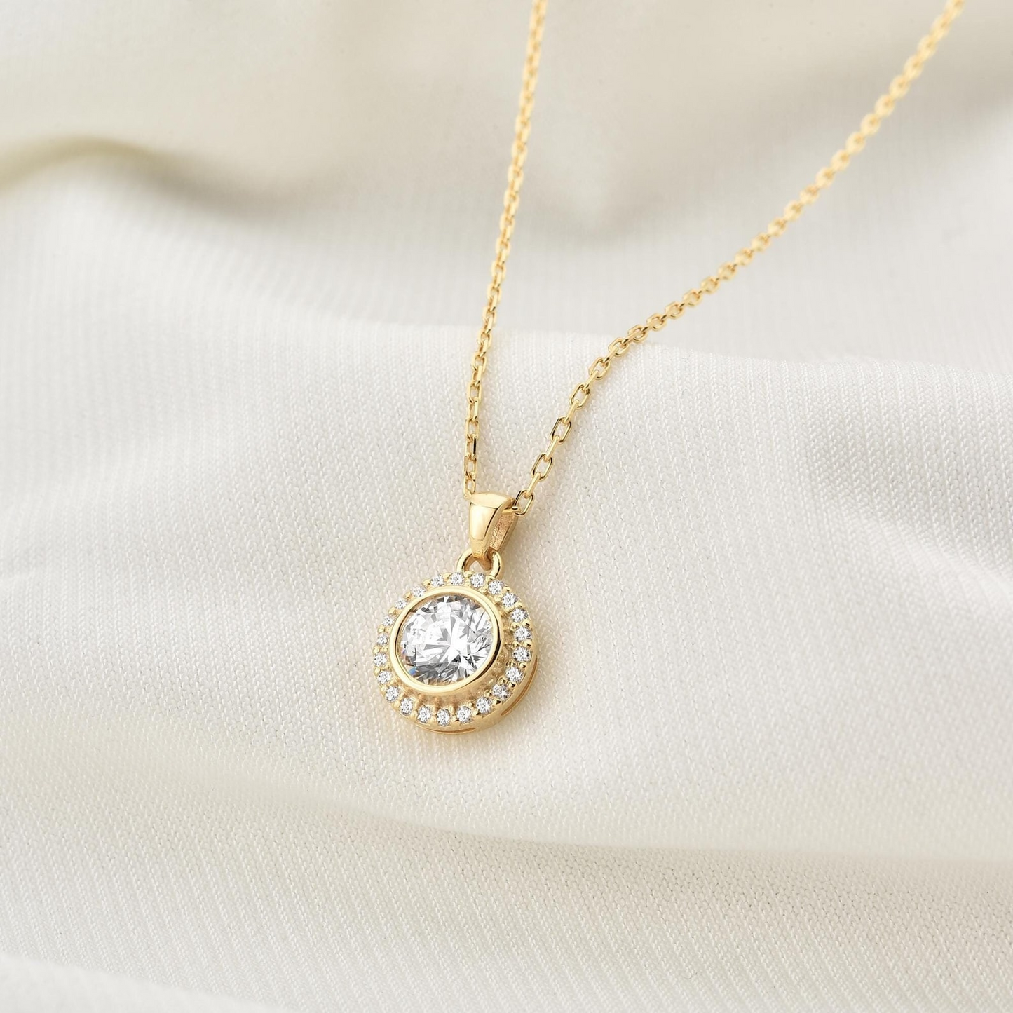 White Topaz Round Bezel Necklace in 8K/10K/14K Solid Gold with Real Diamonds, April Birthstone Jewelry