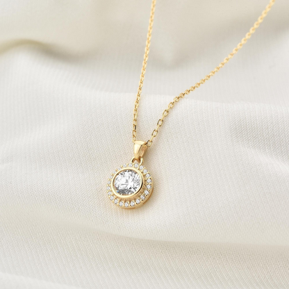 White Topaz Round Bezel Necklace in 8K/10K/14K Solid Gold with Real Diamonds, April Birthstone Jewelry