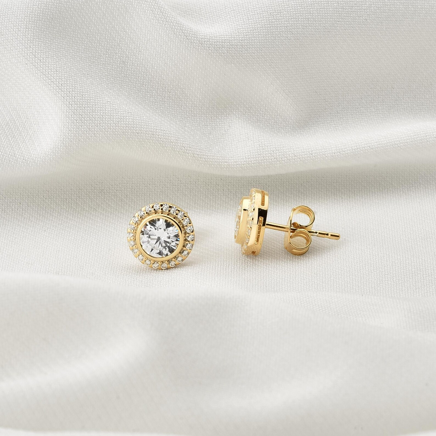 White Topaz Round Bezel Stud Earrings in 8K/10K/14K Solid Gold with Real Diamonds, April Birthstone Jewelry