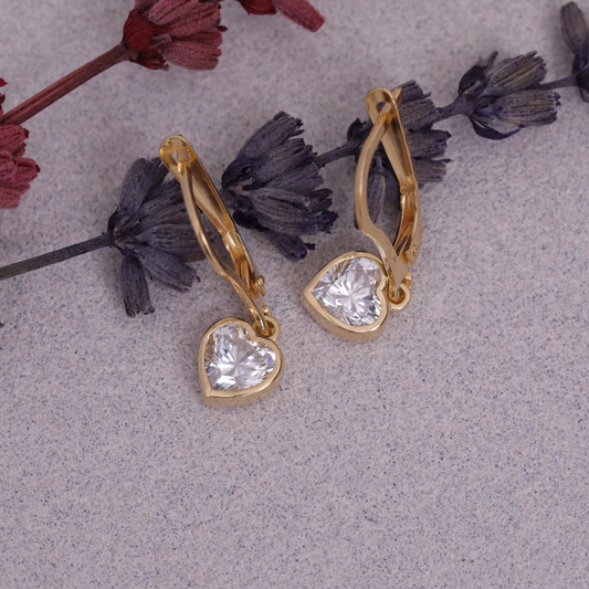 White Topaz Heart Cut Bezel Dangle Earrings, 14K Solid Gold April Birthstone Jewelry