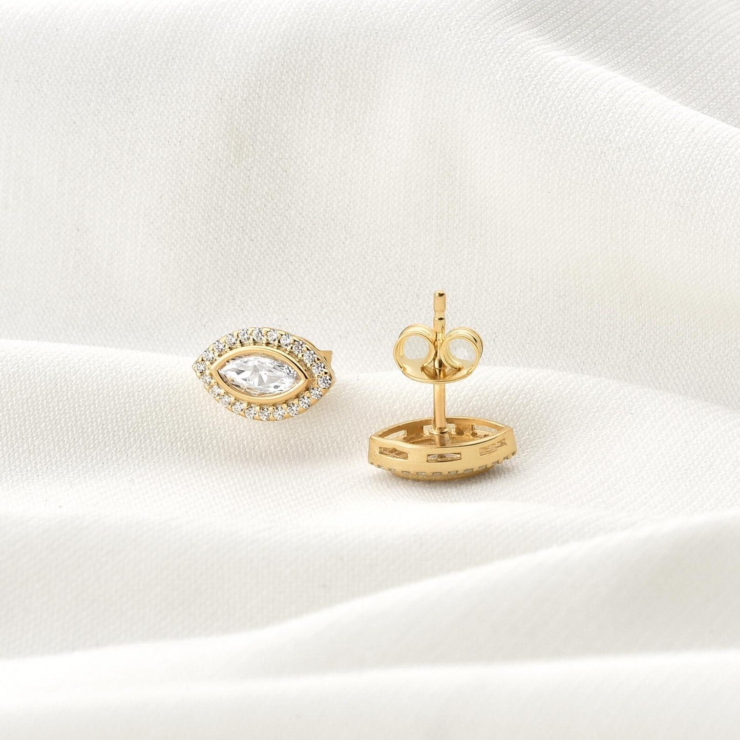 White Topaz Bezel Marquise Stud Earrings with Real Diamonds in 8K/10K/14K Solid Gold | April Birthstone Jewelry