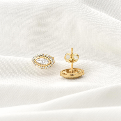 White Topaz Bezel Marquise Stud Earrings with Real Diamonds in 8K/10K/14K Solid Gold | April Birthstone Jewelry