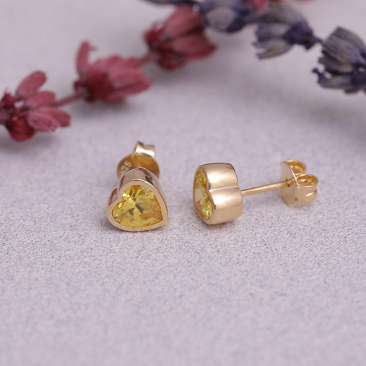 Yellow Topaz Heart Bezel Cut Stud Earrings 10K/14K Solid Gold, Handmade Birthstone Jewelry