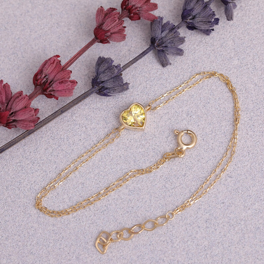 Heart Yellow Topaz Bezel Bracelet in 10K/14K Solid Gold | Birthstone Jewelry