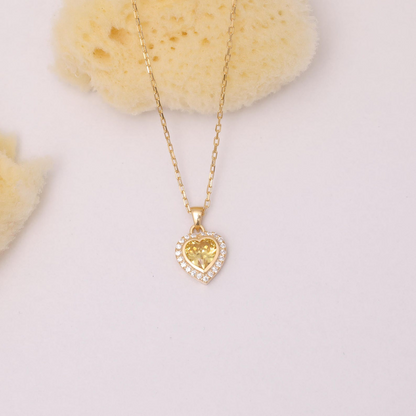 Yellow Topaz Bezel Heart Necklace with Real Diamonds in 8K/10K/14K Solid Gold | November Birthstone Jewelry