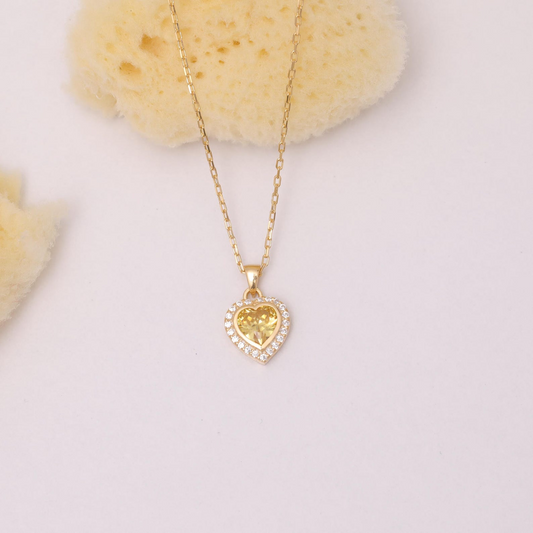 Yellow Topaz Bezel Heart Necklace with Real Diamonds in 8K/10K/14K Solid Gold | November Birthstone Jewelry
