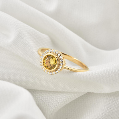 Yellow Topaz Round Bezel Ring in 8K/10K/14K Solid Gold with Real Diamonds, Handmade Jewelry