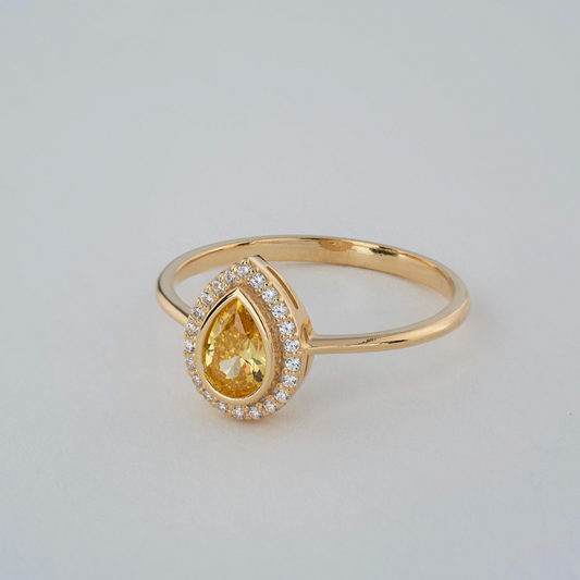 Yellow Topaz Bezel Drop Ring with Real Diamonds in 8K/10K/14K Solid Gold | November Birthstone Jewelry