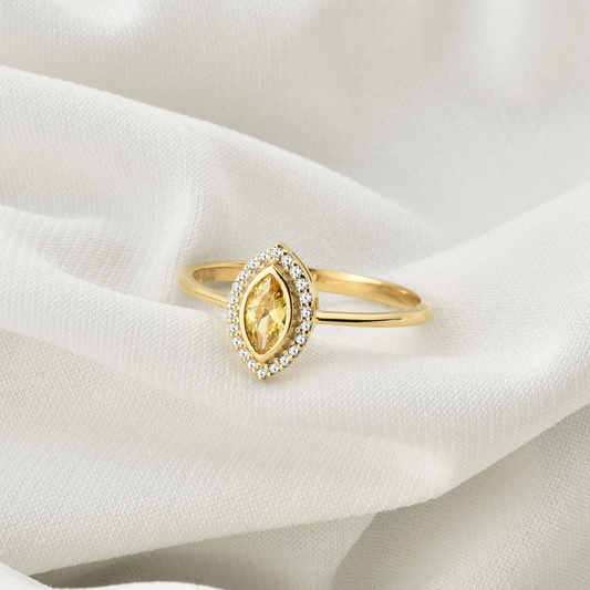 Yellow Topaz Bezel Marquise Ring with Real Diamonds in 8K/10K/14K Solid Gold | November Birthstone Jewelry