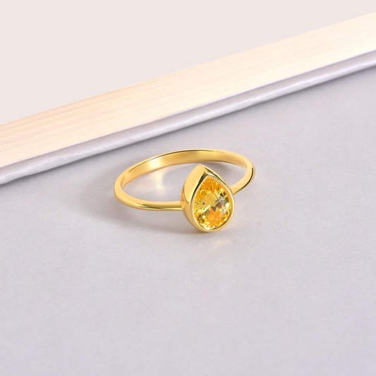 Yellow Topaz Drop Bezel Ring 8K/10K/14K Solid Gold, November Birthstone Jewelry
