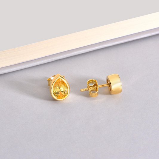 Yellow Topaz Drop Bezel Stud Earrings in 10K/14K Solid Gold, November Birthstone Jewelry