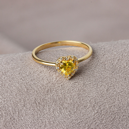 Yellow Topaz Bezel Heart Ring with Real Diamonds Halo in 8K/10K/14K Solid Gold | Birthstone Jewelry