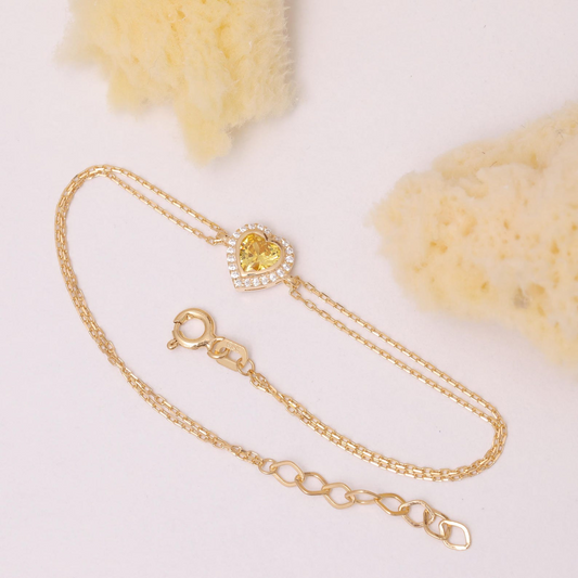 Yellow Topaz Bezel Heart Bracelet with Real Diamonds in 8K/10K/14K Solid Gold | November Birthstone Jewelry