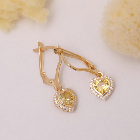 Yellow Topaz Bezel Heart Dangle Earrings with Real Diamonds in 8K/10K/14K Solid Gold | November Birthstone Jewelry