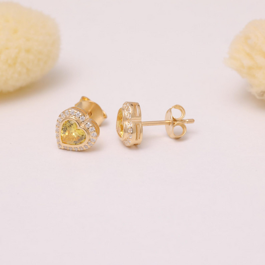 Yellow Topaz Bezel Heart Stud Earrings with Real Diamonds in 10K/14K Solid Gold | November Birthstone Jewelry