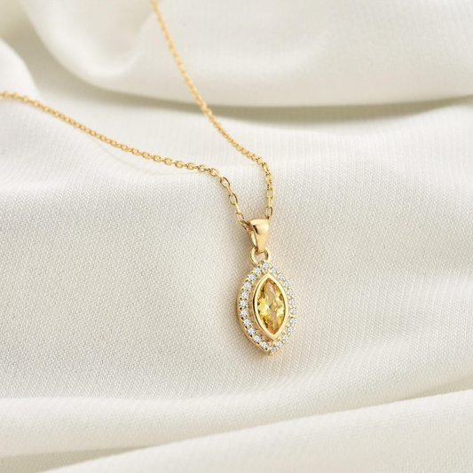 Yellow Topaz Bezel Marquise Necklace with Real Diamonds in 8K/10K/14K Solid Gold | Handmade Jewelry